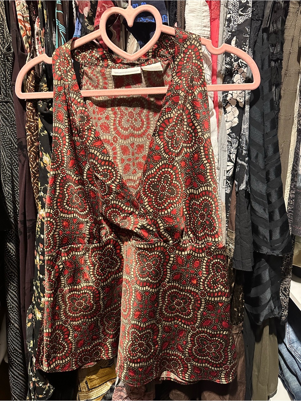 Worthington Red Printed Sleeveless Wrap-Style Jumpsuit